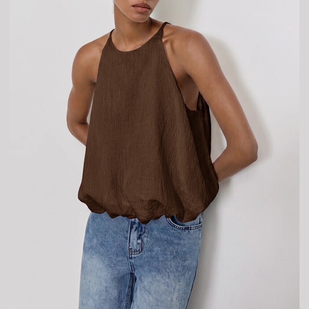 Chocolate Brown Textured Woven Crew Neck Blouse Tank Top